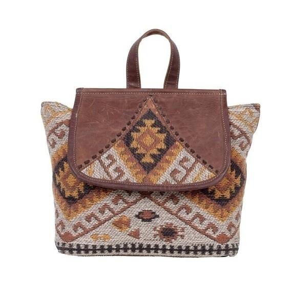 Myra Bag Handmade Terreous  Backpack Upcycled Canvas & Cowhide Leather - Picture 8 of 9